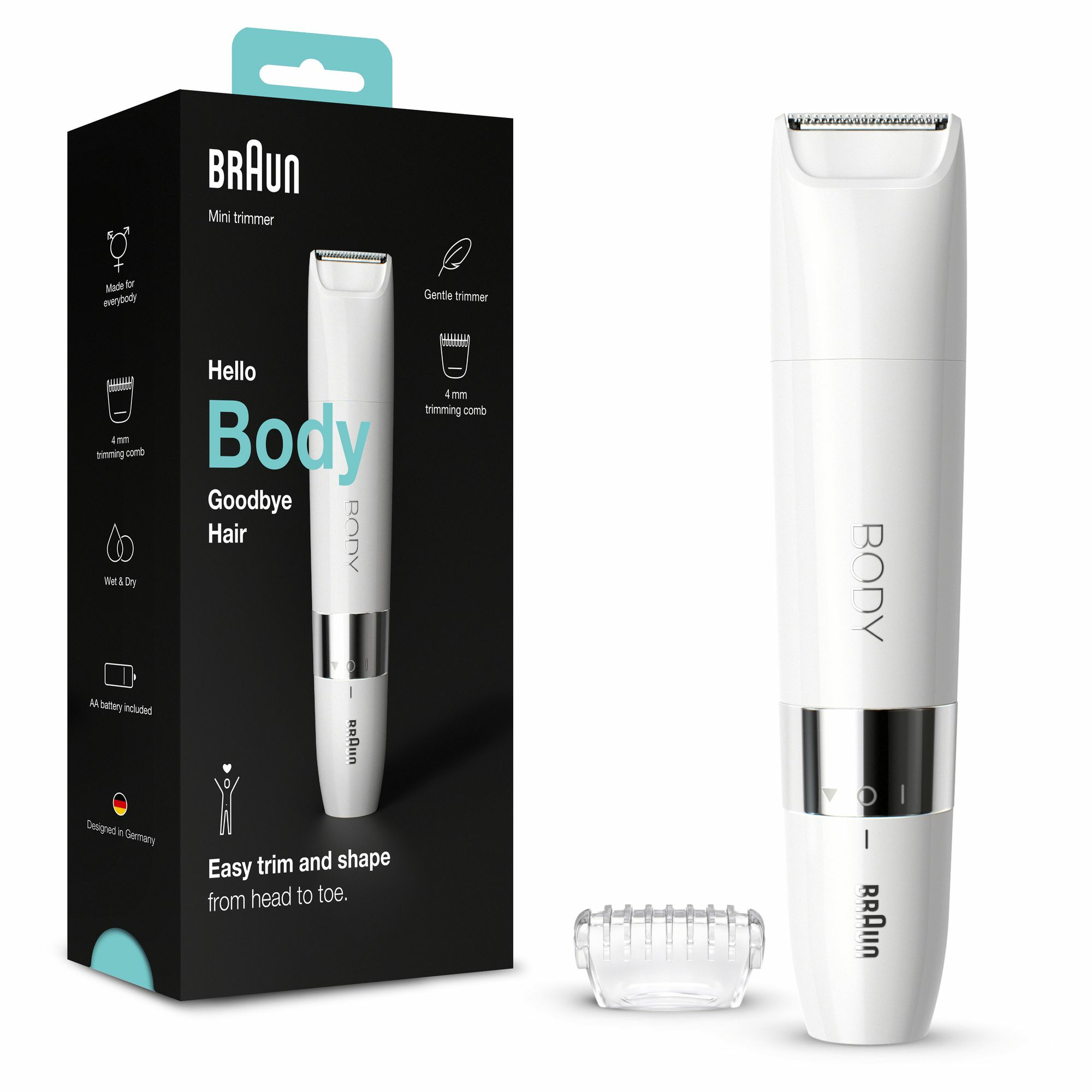 Braun Body BS1000 Mini Trimmer, Elektrische Ontharing Voor Vrouwen En Mannen, Wit