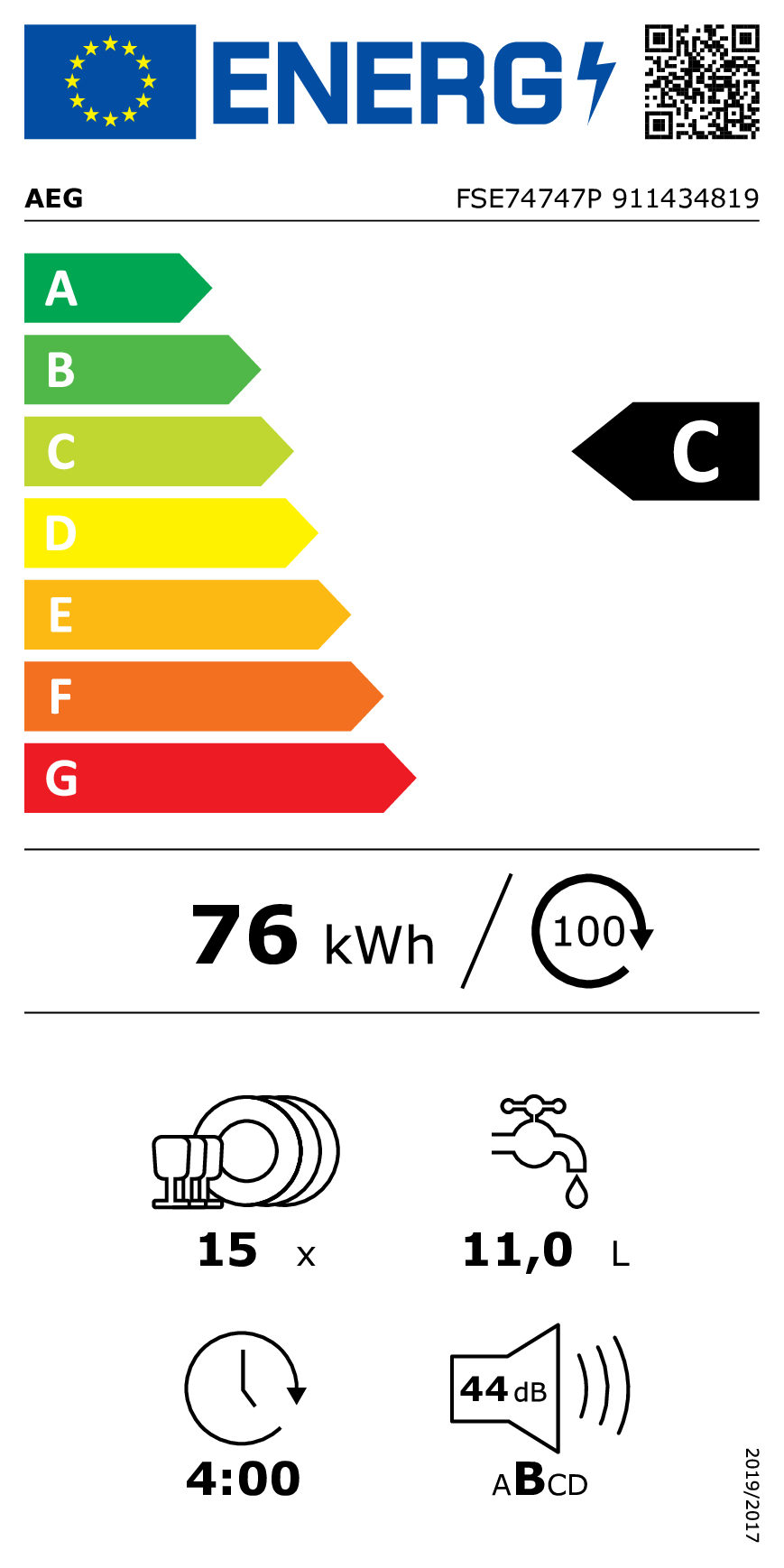 Vaatwasser BI AEG FSE74747P / VI / C / 44dB / Besteklade