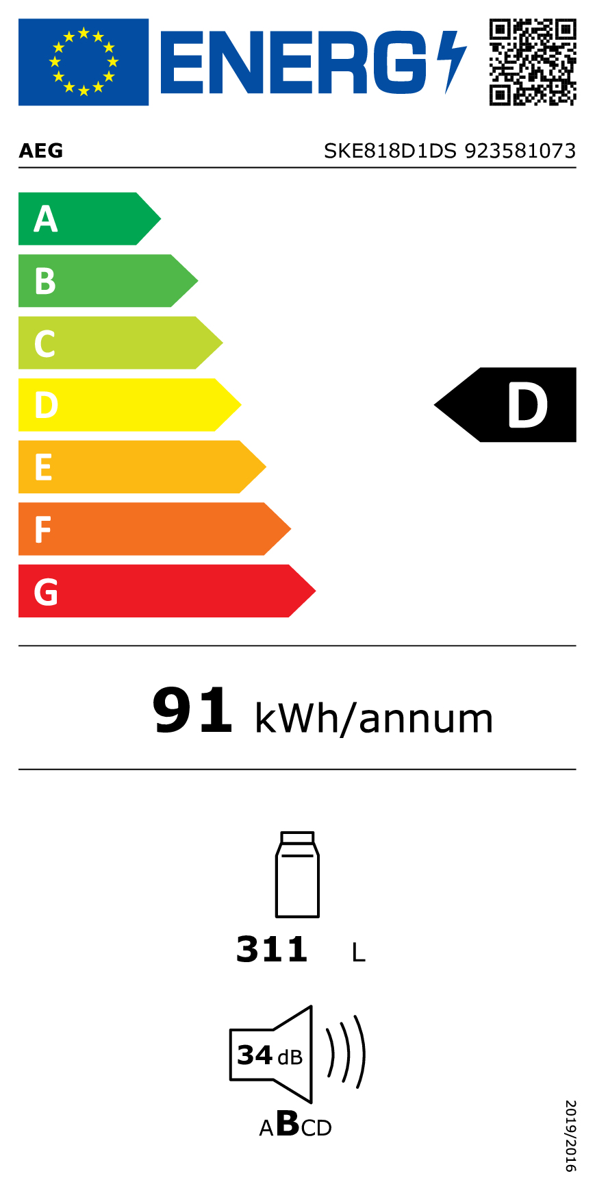 AEG SKE818D1DS koelkast Ingebouwd 311 l D Wit