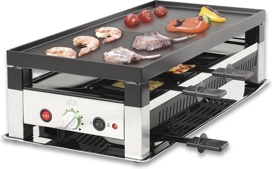 Solis Grill 5 in 1, Raclette/ Tischgrill/ Wok/ Crêpes/Pizza, 8 Personen, Edelstahl, Table Grill 5 in 1, Typ 790