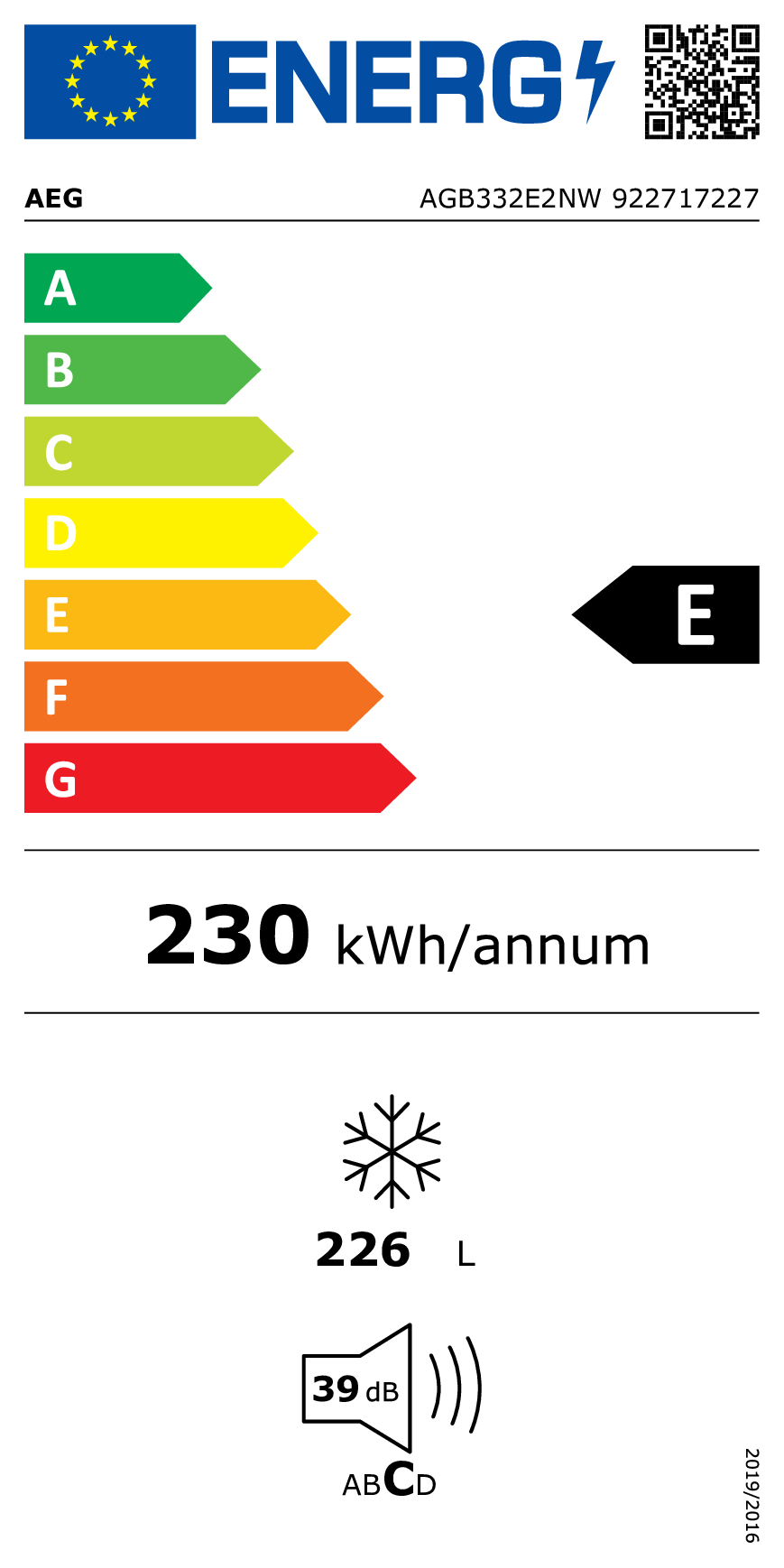 Diepvrieskast AEG AGB332E2NW / 226L / E / 155cm / NoFrost