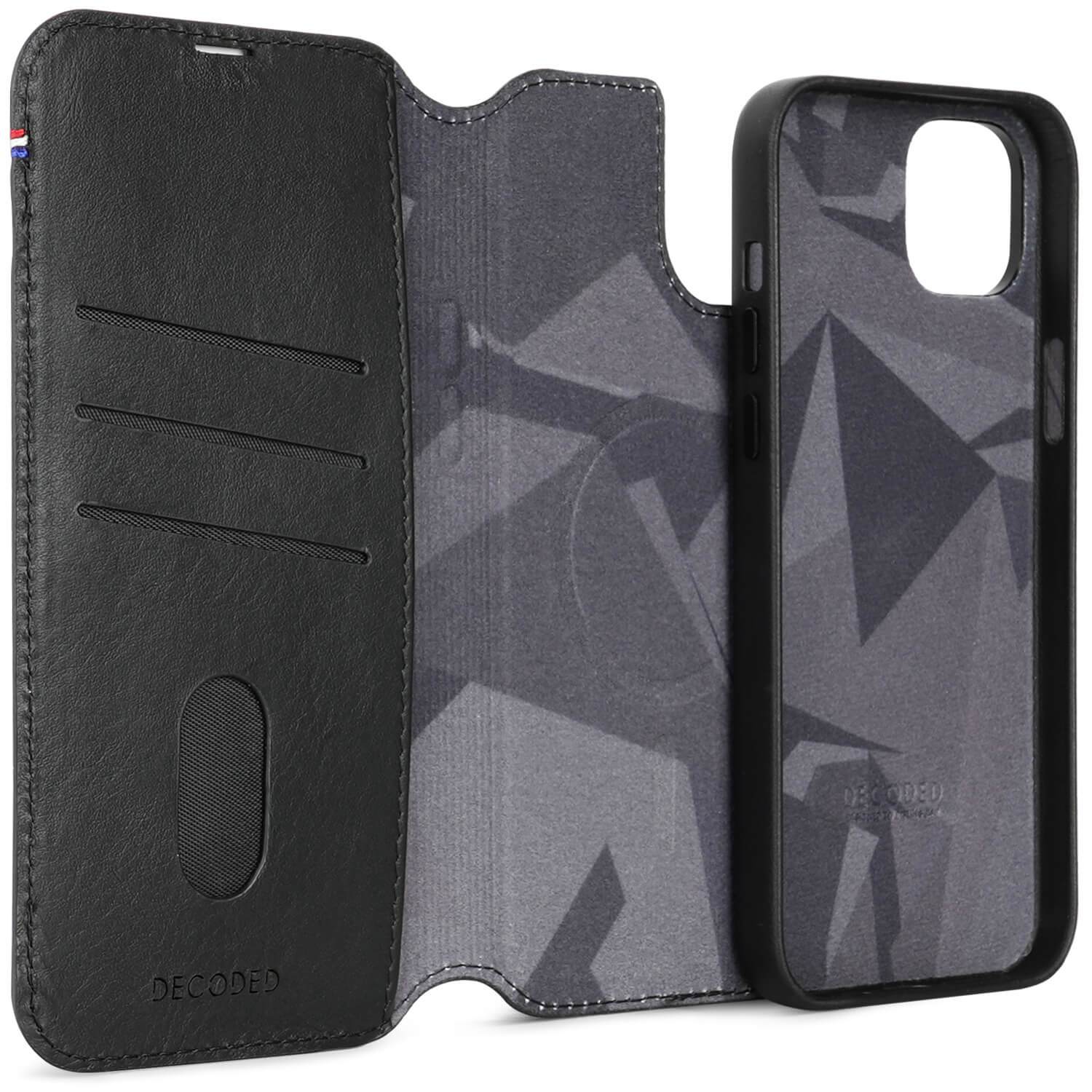 Decoded iPhone 15 Plus, lederen hoesje wallet afneembaar, zwart