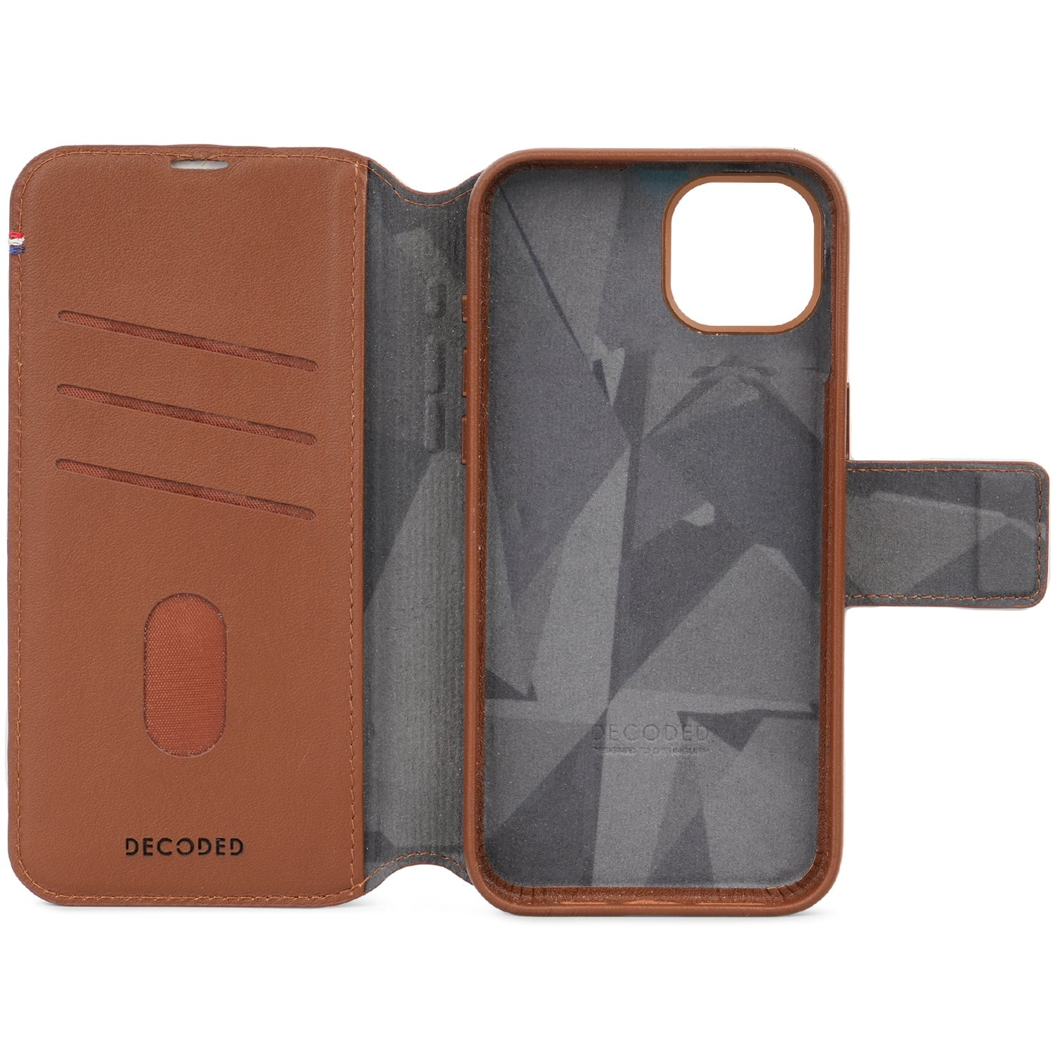 Decoded iPhone 15 Plus, lederen hoesje wallet afneembaar, bruin