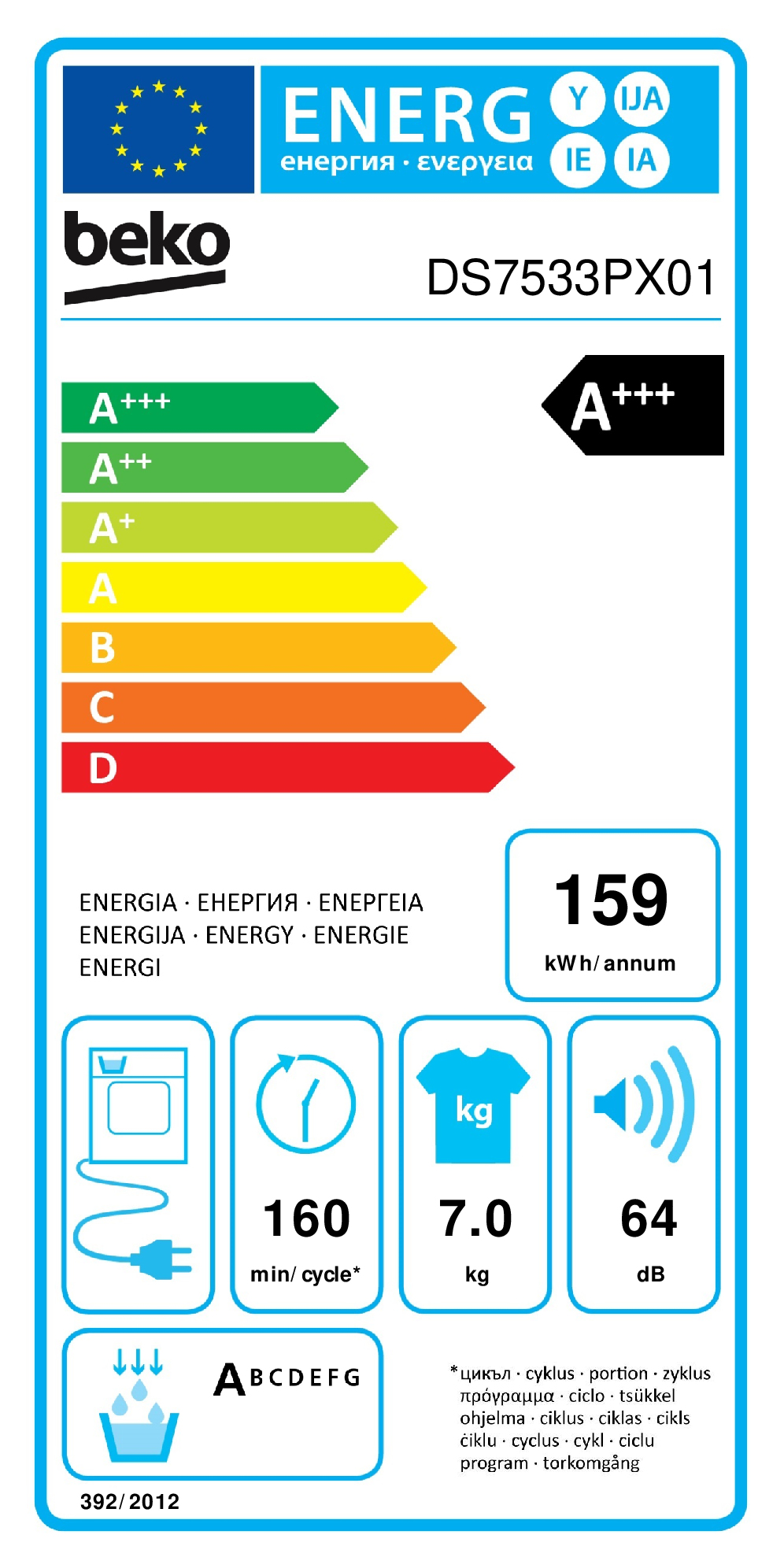 Beko DS7533PX01 wasdroger Vrijstaand Voorbelading 7 kg A+++ Wit