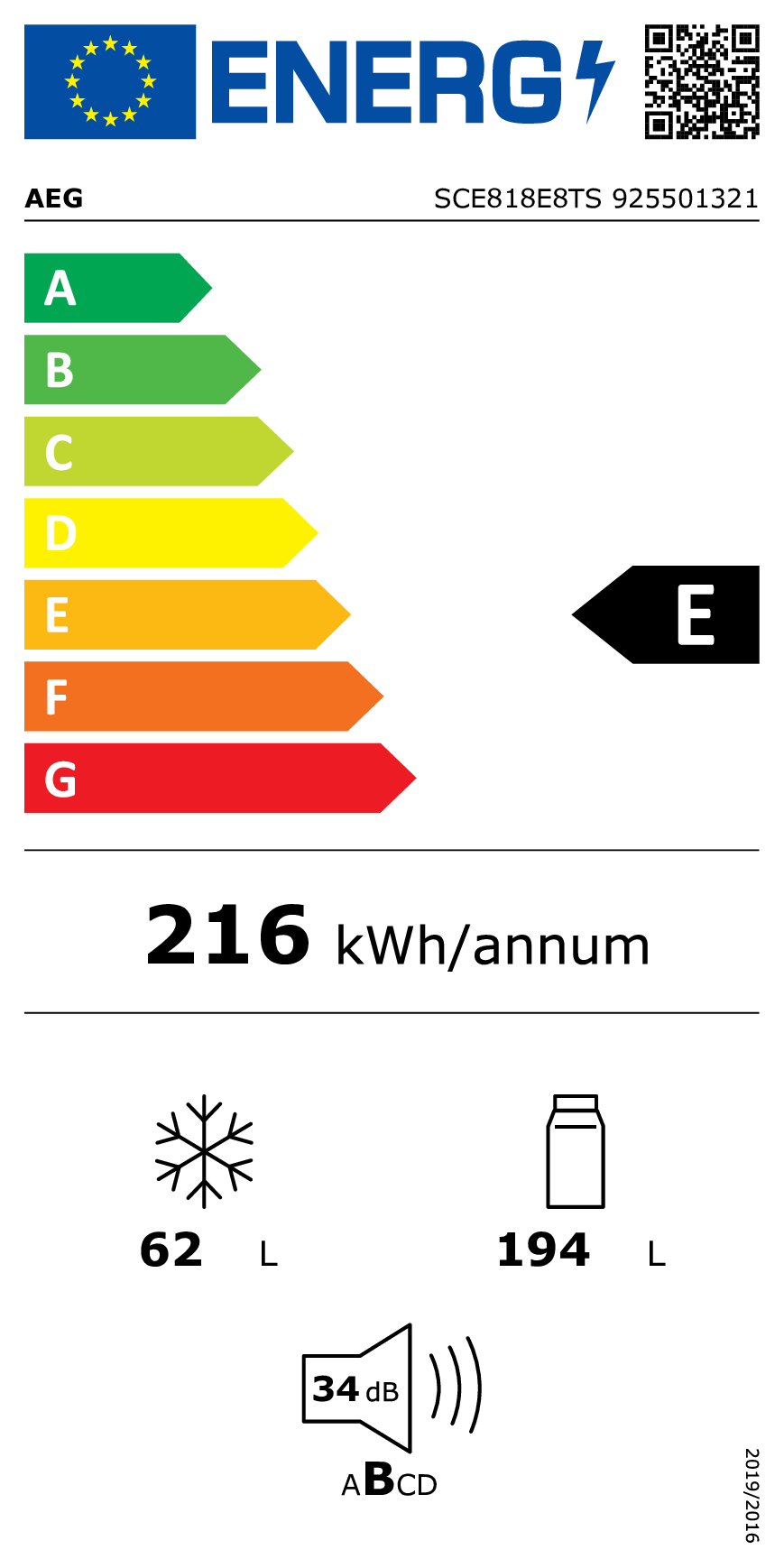 AEG SCE818E8TS Ingebouwd 193,7 l E Wit