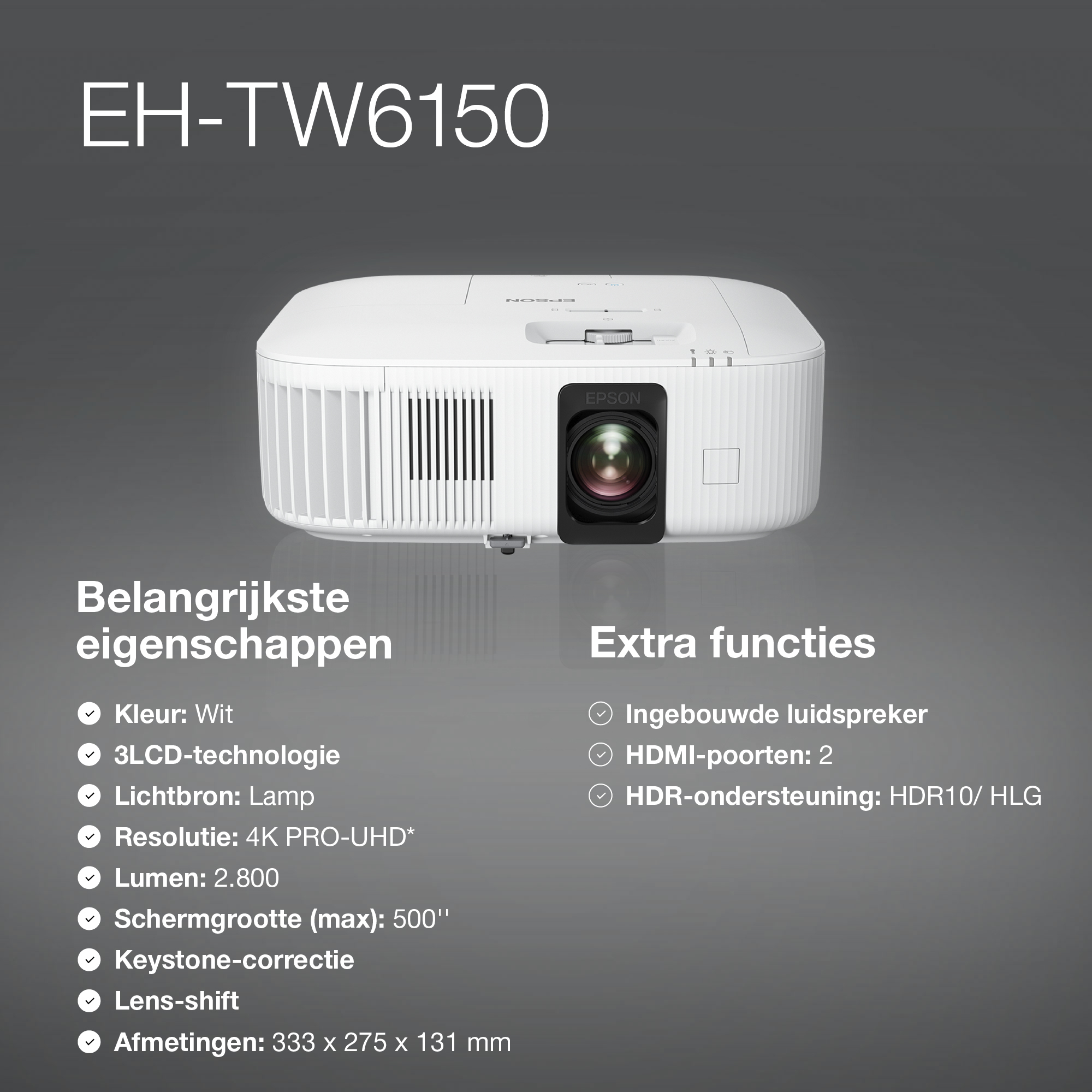 Epson EH-TW6150 4K PRO-UHD smart laserprojector, 2800 lumen, scherm van maximaal 500 inch