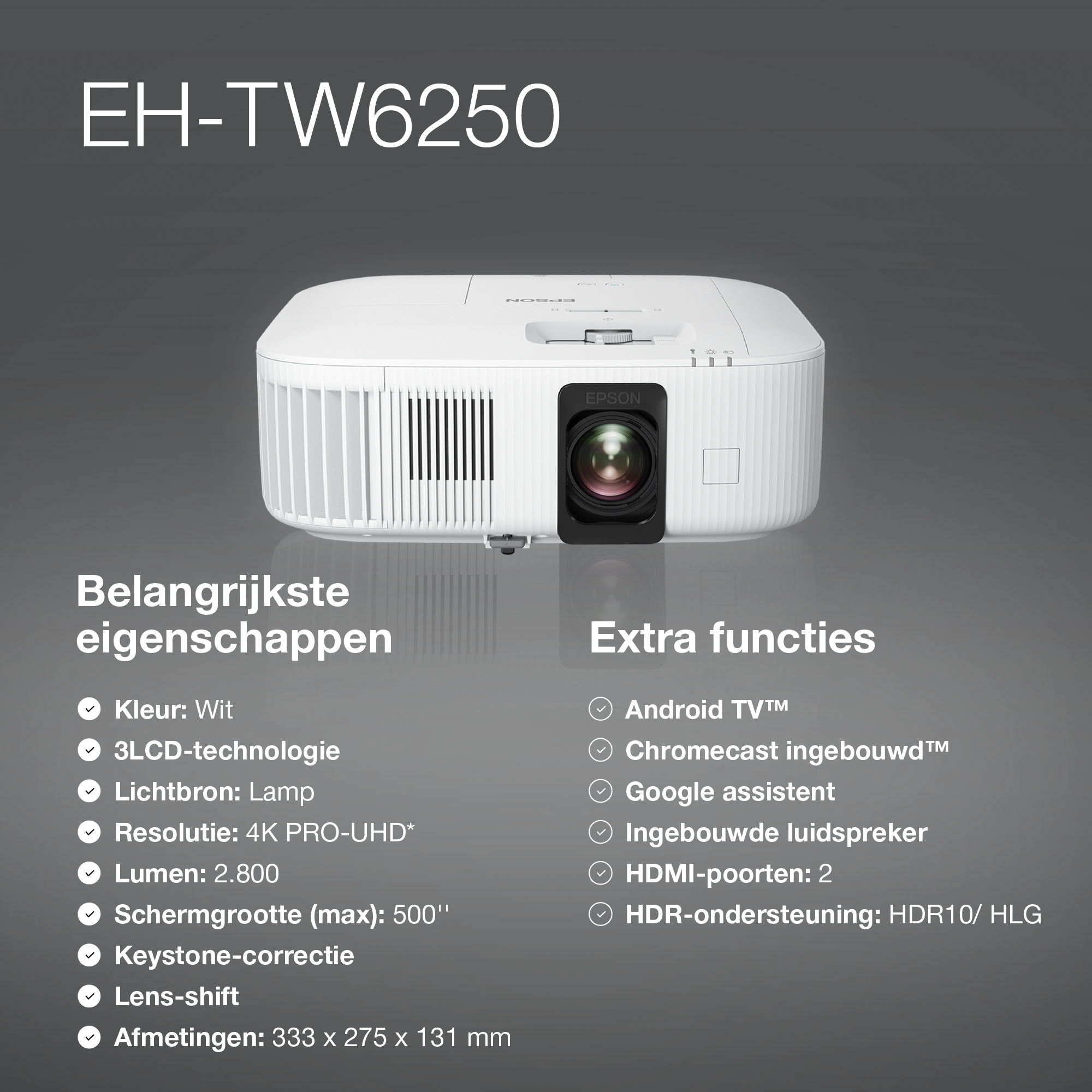 Epson EH-TW6250 4K PRO-UHD smart laserprojector, 2800 lumen, scherm van maximaal 500 inch