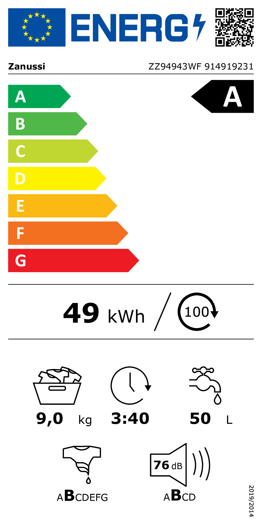 Zanussi ZZ94943WF machine à laver Charge avant 9 kg 1400 tr/min Blanc