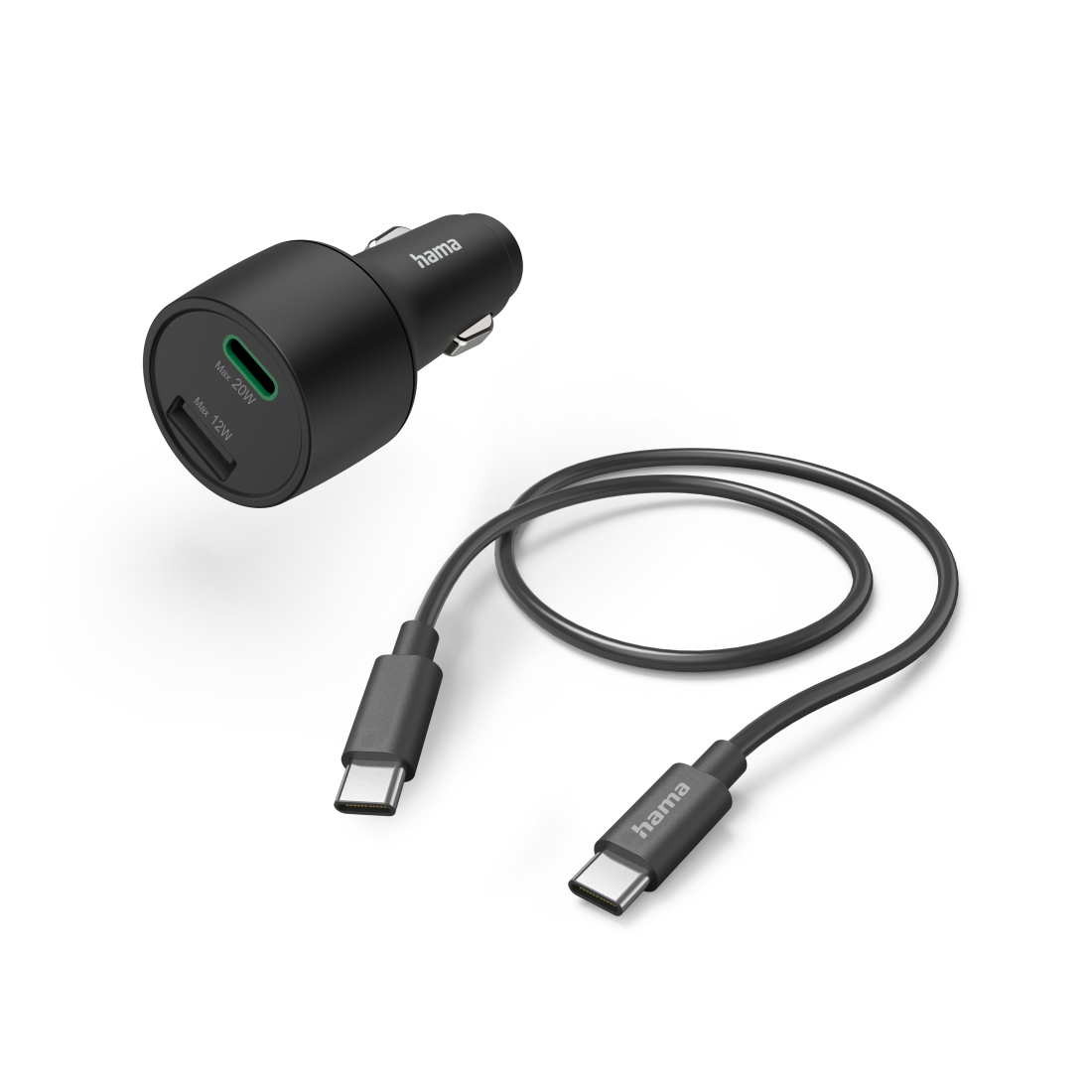 Autolader Hama 1x USB-C, 1x USB-A PD 20W Kabel 1m Zwart