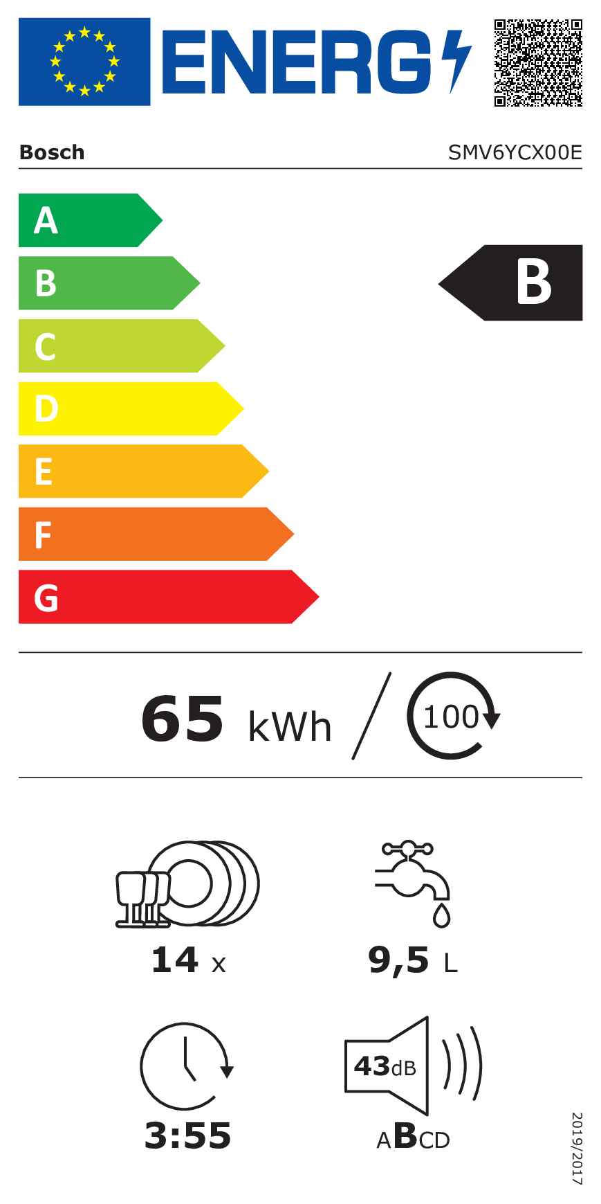 Vaatwasser BI BOSCH SMV6YCX00E / VI / B / 43dB