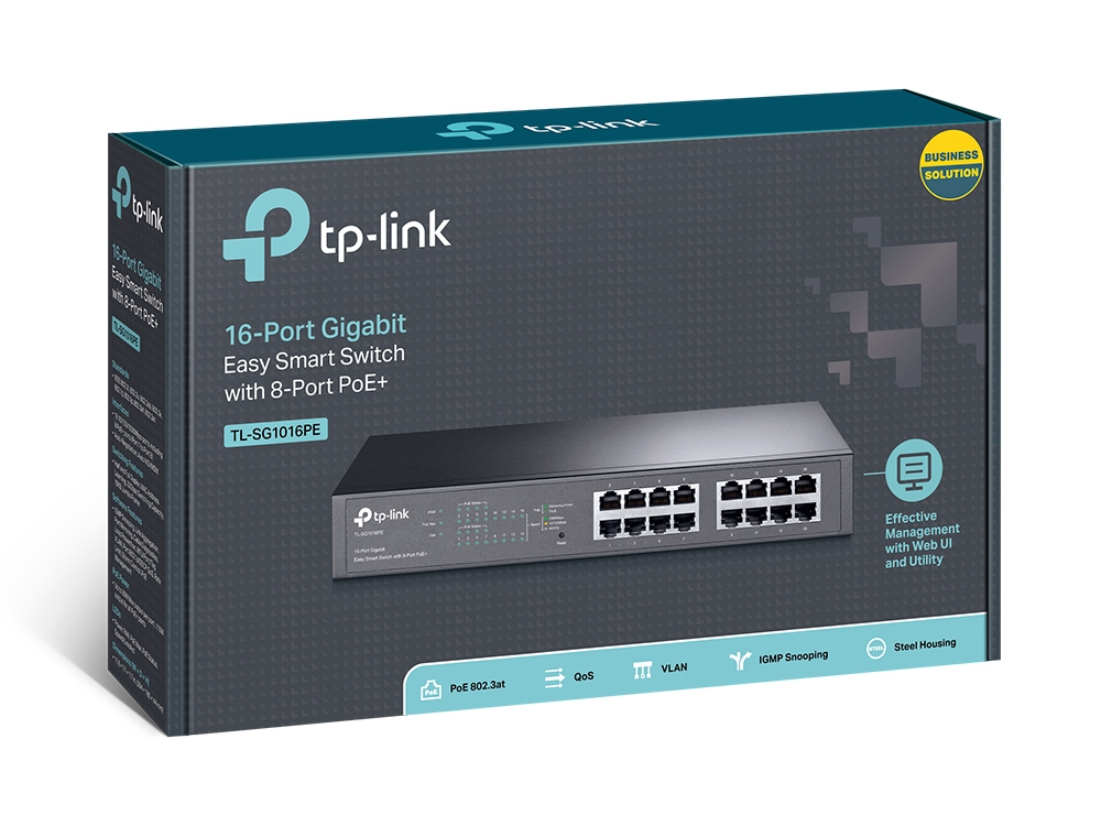 TP-Link TL-SG1016PE Géré L2 Gigabit Ethernet (10/100/1000) Connexion Ethernet, supportant l'alimentation via ce port (PoE) 1U Noir