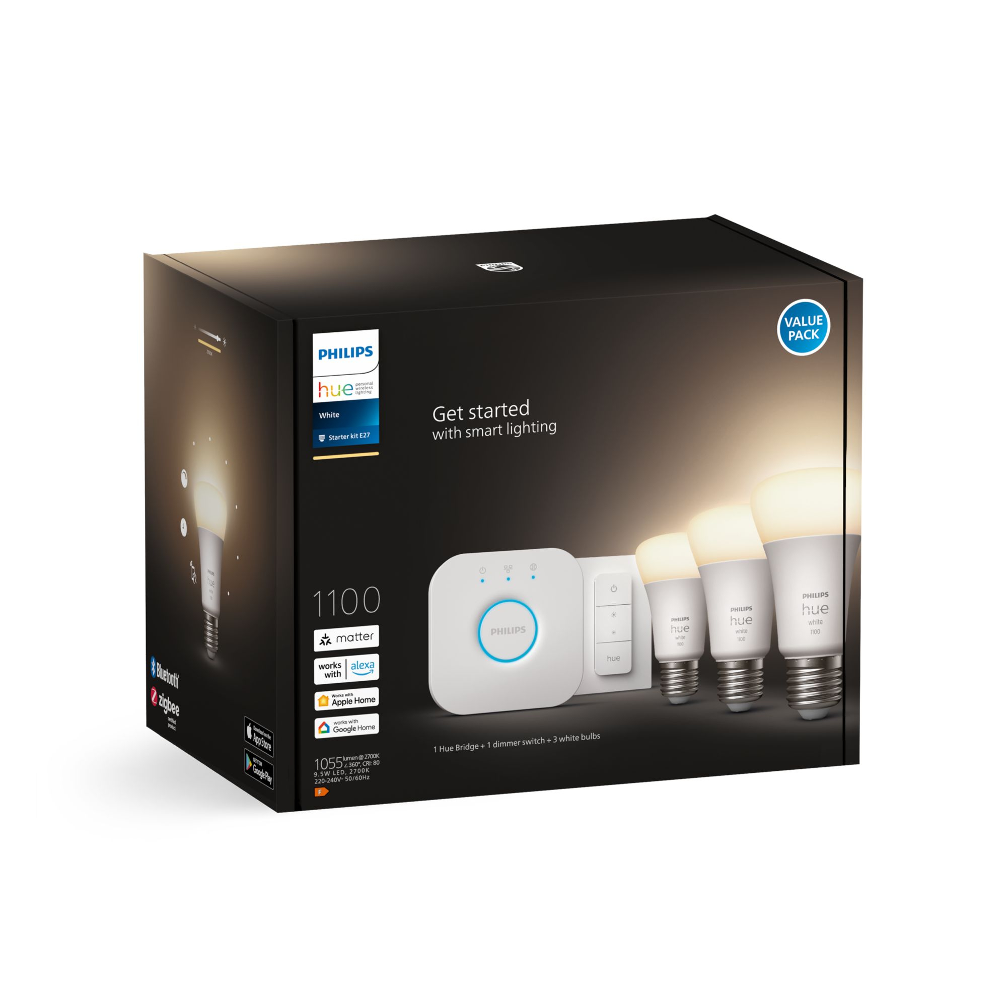 Starterkit PHILIPS HUE White E27 x3 + Bridge + Dimmer