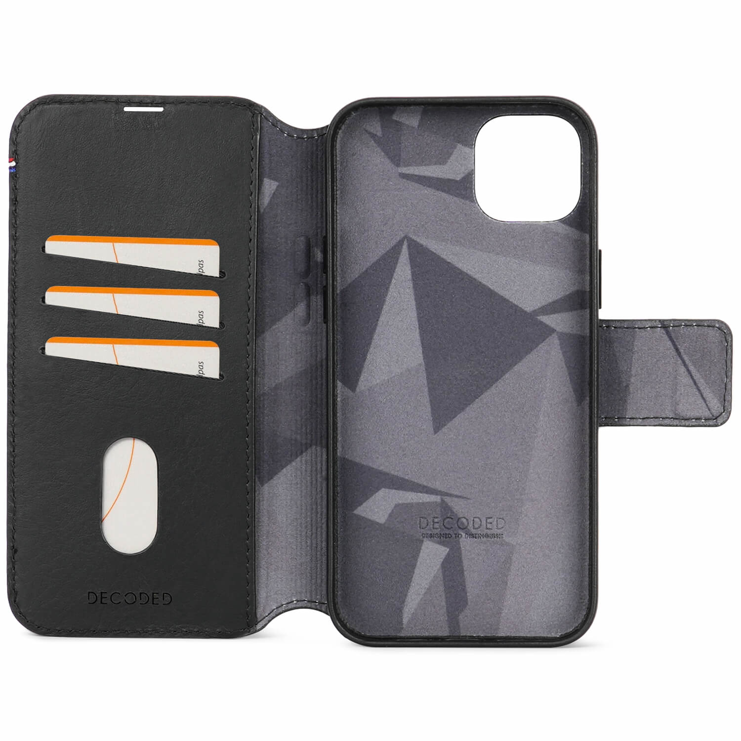 Decoded iPhone 15 Plus, lederen hoesje wallet afneembaar, zwart